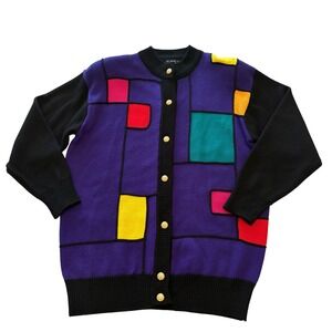Suzelle Vintage 80s Cardigan Sweater Colorful Geometric Pattern Knit Wool Size M